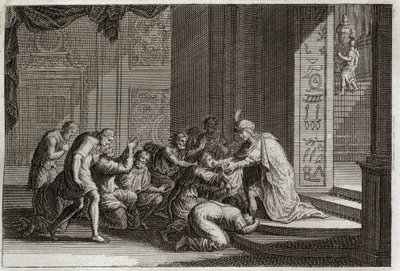 إنجيل رويومونت ، العهد القديم: يوسف معترف به من قبل إخوته. رسم توضيحي من عام 1811. بواسطة فنان غير معروف