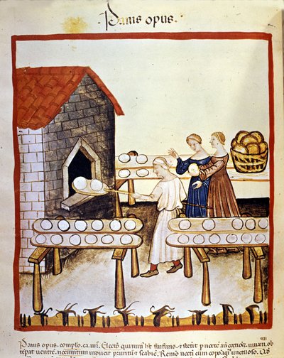 الخبز الأسود: خباز يعمل أمام الفرن. الإضاءة من حلب الأدوية وعلم التغذية "" Tacuinum sanitatis "" بواسطة فنان غير معروف