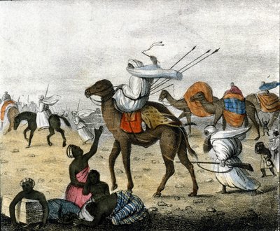 قافلة في الصحراء بالمغرب خلال عاصفة رياح. بواسطة فنان غير معروف