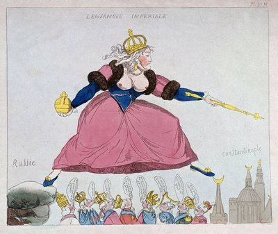 Catherine-II jumping from Russia to Constantinople over European sovereigns, caricature, late 18th century بواسطة فنان غير معروف