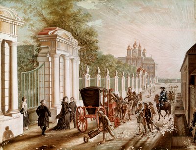 Catherine II or Catherine Alexeievna (1729-1782) left the Peterhof Palace before being crowned Imperator in 1762. Lithograph from the end of the 18th century. St. Petersburg. Chateau De Peterhof بواسطة فنان غير معروف