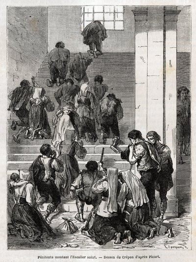 التائبون الكاثوليك يصعدون الدرج المقدس إلى روما. نقش لتوضيح قصة لودوفيك سيلر ؛ أسبوع الآلام في روما بواسطة فنان غير معروف