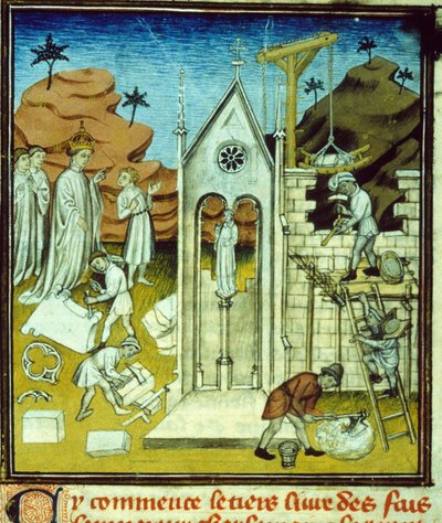 زيارة شارلمان لموقع بناء كاتدرائية - إضاءة مخطوطة على فيلين من العصور الوسطى "سجلات سان دوني الكبرى" أواخر القرن الرابع عشر (المرجع 512 ، 096 و) طلب إذن لمكتبة بلدية تولوز (الهاتف: 62 05 بواسطة فنان غير معروف