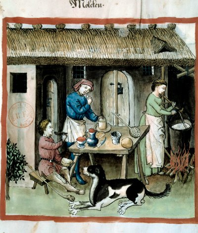 Cheese making. Illumination from the milking of medicine and dietetics “” Tacuinum sanitatis”” بواسطة فنان غير معروف