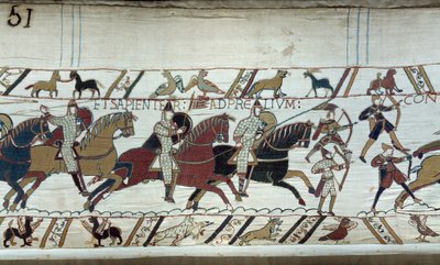 Conquete of England by the Duke of Normandy William the Conquerant (1027-1087) in 1066: the beginning of the Battle of Hastings Detail of Bayeux Tapestry or Embroidery of Queen Mathilde بواسطة فنان غير معروف