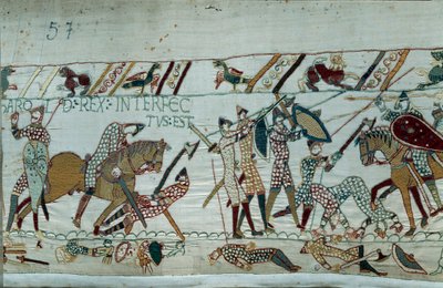 غزو إنجلترا من قبل دوق نورماندي ويليام الفاتح (1027-1087) عام 1066: وفاة الملك هارولد الثاني بسهم في العين في معركة هاستينغز تفاصيل نسيج بايو أو تطريز الملكة ماتيلد بواسطة فنان غير معروف