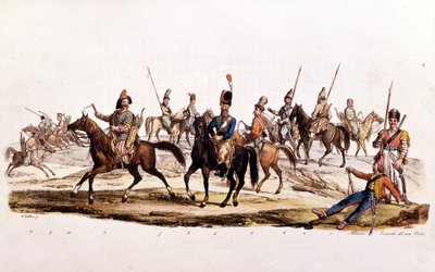 القوزاق: أول قوزاق ثانٍ ثالث قوزاق دون 4¡ قوزاق رسمي لدون 5¡ قوزاق Chernomowskij 6¡ قوزاق أورال 7 قوزاق عادي 8¡ بشكير 9¡ و 10¡ كالموك بواسطة فنان غير معروف