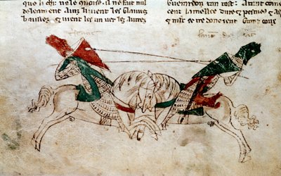 Cycle of King Arthur: “” Battle of Lancelot and Tristan”” Miniature taken from “” The novel by Meliadus de Leonnoys: together several other noble feats of knight faicts by King Arthur, Palamedes and Galliot de Pre”” by Rustichello (Rustician, Rusticiano) o بواسطة فنان غير معروف
