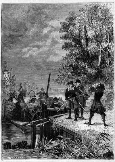 دينيس بابين (1647-1712) فيزيائي وعالم رياضيات ومخترع فرنسي ، ينظر إلى قاربه المجهز باختراعه الجديد ، وهو نظام آلة بخارية لا يزال مجهولاً ، دمره رجال المراكب لبيع بعض القطع. نقش في "" La Nature "" بواسطة فنان غير معروف