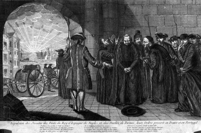 ترحيل اليسوعيين في 21/7/1773: طرد اليسوعيين من ولايات ملك إسبانيا ونابولي ودوقية بارما ، وتم حظر أوامرهم في فرنسا والبرتغال. نقش من بداية القرن التاسع عشر بواسطة فنان غير معروف