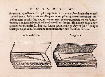 وصف Harpsichord و spinet. صفحة من Musurgia seu praxis musicae بواسطة فنان غير معروف