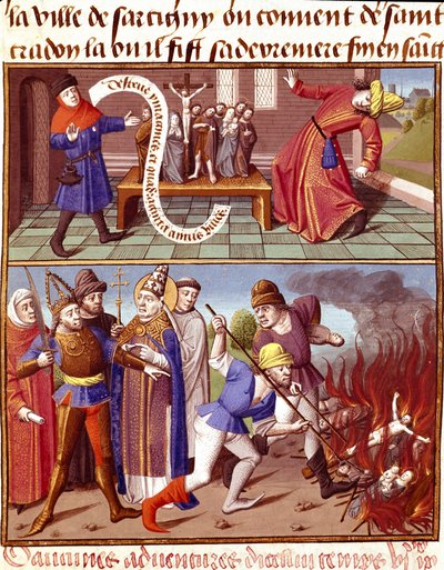 تدمير الأشياء المقدسة وتدخل البابا غريغوار الأول (540-604) صورة مصغرة في "" Le miroir historyial "(منظار تاريخي) (ms. 1196) بواسطة Vincent de Beauvais (1190-1264) ترجمه إلى الفرنسية جان دي فيجناي بواسطة فنان غير معروف
