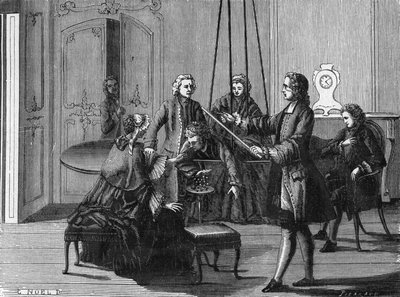 تجربة دوفاي. أظهر تشارلز فرانسوا دو فاي (دوفاي؟) (1698 - 1739) ، الكيميائي والفيزيائي الفرنسي أن الشرارات الكهربائية يمكن استخلاصها من جسم الإنسان. نقش من ألبوم العلوم. فرنسا القرن التاسع عشر. بواسطة فنان غير معروف