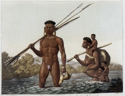 عائلة Botocudos الهنود العائدين من الصيد وعبور نهر ريو غراندي إلى بلمونتي في باراغواي. في "" الزي القديم والحديث "1818-1820 ، بواسطة Ferrario. بواسطة فنان غير معروف