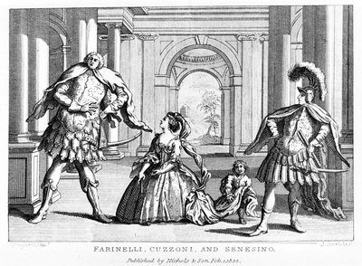 Farinelli (Carlo Broschi، dit؛ 1705 - 1782) مع السوبرانو كوزوني والمخصي فرانشيسكو برناردو سينسينو (1680 - 1750) في أوبرا جورج فريدريك هاندل (جورج فريدريش هاندل) بواسطة فنان غير معروف