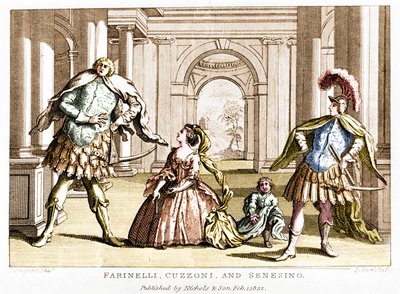 Farinelli (Carlo Broschi، dit؛ 1705 - 1782) مع السوبرانو كوزوني والمخصي فرانشيسكو برناردو سينسينو (1680 - 1750) في أوبرا جورج فريدريك هاندل (جورج فريدريش هاندل) بواسطة فنان غير معروف