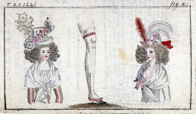 أزياء القرن الثامن عشر: تصفيفة الشعر ورباط المرأة حوالي عام 1788. بواسطة فنان غير معروف