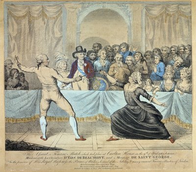 قتال المبارزة بين فارس إيون دي بومون والسيد دي سانت جورج ، 9 أبريل 1787. النقش بواسطة فنان غير معروف