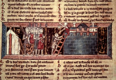 الحملة الصليبية الأولى: "وصول الحروب الصليبية قبل القدس". صورة مصغرة من "" Chevalier au Swan et Godefroi de Bouillon "" بواسطة فنان غير معروف
