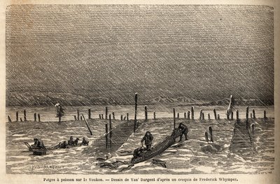 مصائد أسماك موضوعة على ضفاف نهر يوكون (أقصى شمال كندا). نقش لتوضيح الرحلة والمغامرات في كولومبيا الإنجليزية وجزيرة فانكوفر وألاسكا ، بقلم فريدريك ويمبر بواسطة فنان غير معروف