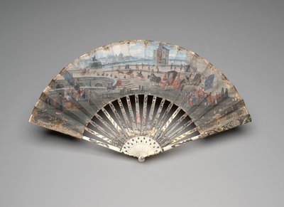 مروحة قابلة للطي مع إطلالة على Pont Neuf ، حوالي 1755-60 (الغواش والألوان المائية على ورقة من الرقي المزدوجة والعاج والتذهيب والغواش وعرق اللؤلؤ والأحجار الكريمة العجينة) بواسطة فنان غير معروف