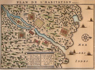 خريطة فرانسوا ليجوات لاستيطانه في رودريغز - خطة سكن فرانسوا ليجوات (1637-1735) مستكشف Francois et des Amis في جزيرة رودريغ في موريشيوس (1708) بواسطة فنان غير معروف
