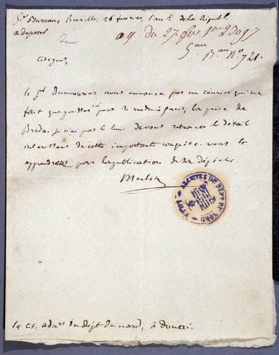 الثورة الفرنسية: رسالة مكتوبة بخط اليد بتاريخ 26/02/1793 من دين مارلين حول استيلاء الجنرال دوموريز على مدينة بريدا بهولندا في 24 فبراير. المحفوظات الإدارية في نورد ليل بواسطة فنان غير معروف