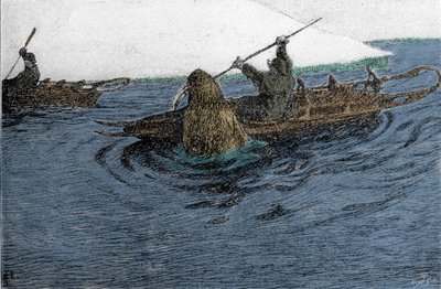 فريدجوف نانسن (1861-1930) ، مستكشف نرويجي ، تعرض لهجوم من قبل فظ أثناء رحلة استكشافية للقطب الشمالي في عام 1896. كان يحمل القارب على قارب الكاياك. نقش القرن التاسع عشر. بواسطة فنان غير معروف