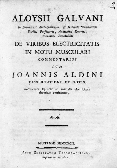 مقدمة من "" De Viribus Electricitatis in Motu Musculari Commentarius "" "أطروحة حول دوران الكهرباء في عضلات الحيوانات ، بقلم لويجي جالفاني ، الفيزيائي الإيطالي بواسطة فنان غير معروف