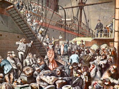 المهاجرون الألمان لنيويورك على متن باخرة هامبورغ في عام 1874 ، نقش - (Deutsche Emigranten) بواسطة فنان غير معروف