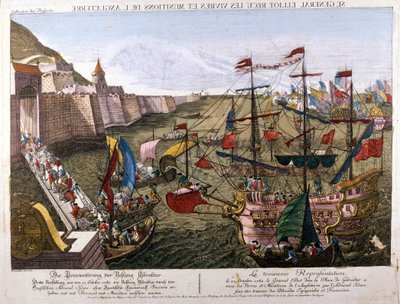 حصار جبل طارق الكبير 1779-1783 (محاولة إسبانية لاستعادة جبل طارق عندما أعلنت إسبانيا الحرب على المملكة المتحدة كجزء من تحالفها مع فرنسا): في 11 أكتوبر بواسطة فنان غير معروف