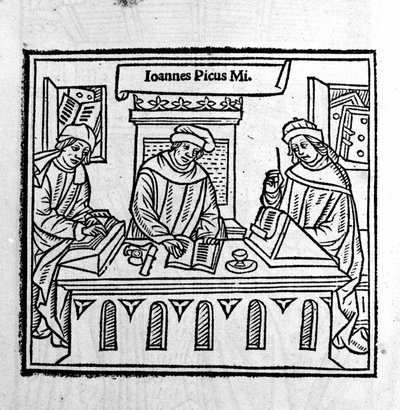 جيوفاني بيكو ديلا ميراندولا (جان بيك دي لا ميراندول) مع اثنين من تلاميذه - في "Epistole auree" "" عام 1555 بواسطة فنان غير معروف