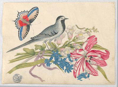 Grey Bird on Branch مع Tulip و Snapdragons و Forget-Me-Nots مع الفراشة بواسطة فنان غير معروف