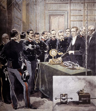 قدم Guglielmo Marconi التلغراف اللاسلكي (TSF) في مؤتمر في وزارة البحرية عام 1897. بواسطة فنان غير معروف