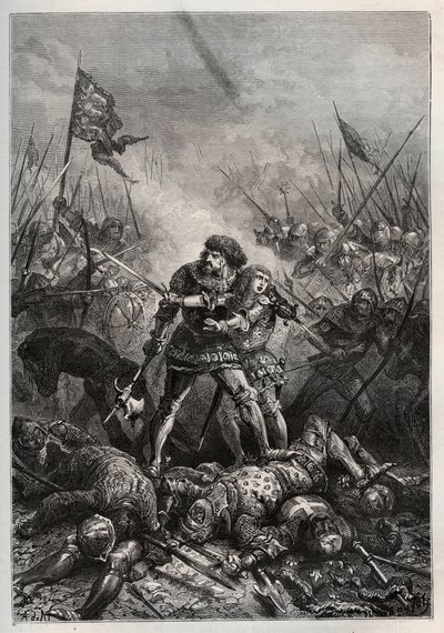 حرب المائة عام: ملك فرنسا يوحنا الثاني الصالح وابنه فيليب الثاني من بورغندي (1342-1404) ، المعروف باسم "فيليب لو هاردي" ، يقاتل الإنجليز في معركة بواتييه في 19/09/1356) (الملك من فرنسا يوحنا الثاني ملك فرنسا (1319-1364) وابنه فيليب بواسطة فنان غير معروف