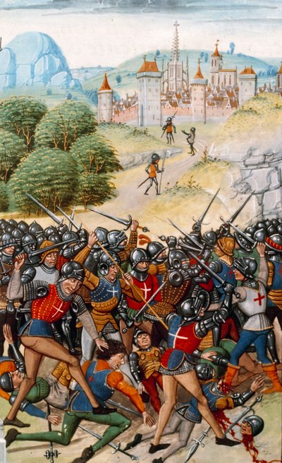 حرب المائة عام: معركة بونتفالان بين الفرنسية والإنجليزية في 4/12/1370 "صورة مصغرة من" سجلات "بقلم جان فرويسارت (1337-1400) باريس القرن الخامس عشر. ب. بواسطة فنان غير معروف