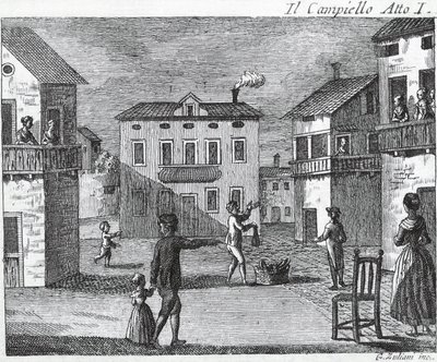قانون Il Campiello الأول - كارلو جولدوني (1707-1793) - نقش القرن الثامن عشر بواسطة فنان غير معروف