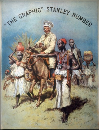 رسم توضيحي يصور المستكشف والصحفي هنري مورتون ستانلي (1841-1904) خلال إحدى بعثاته. الطباعة الحجرية الملونة. بواسطة فنان غير معروف