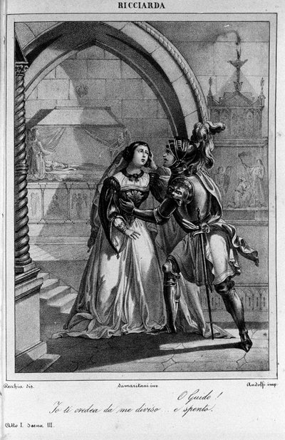 رسم توضيحي للمشهد 3 من الفصل الأول من "Ricciarda" للشاعر والكاتب المسرحي الإيطالي أوغو فوسكولو (1778-1827) القرن التاسع عشر بواسطة فنان غير معروف