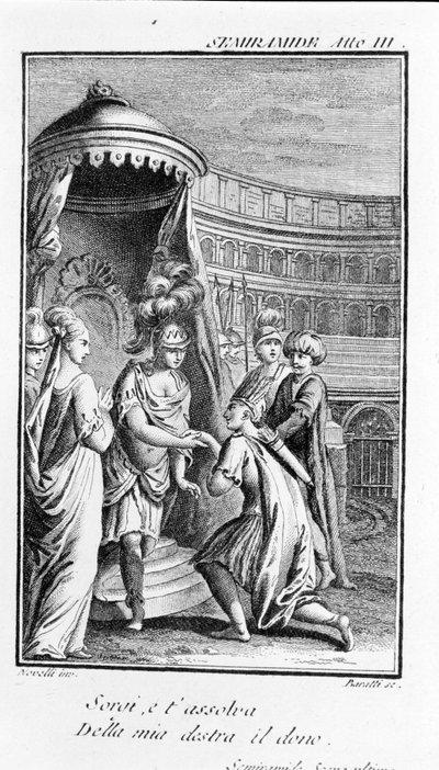رسم توضيحي لسيراميس ، أوبرا لأنطونيو ساليري (1750 - 1825). كتيب من إعداد Pierre Metastase (أو Pietro Metastasio). الفصل الثالث ، المشهد الأخير. بواسطة فنان غير معروف