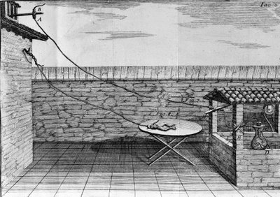 رسم توضيحي لتجارب لويجي جالفاني ، الفيزيائي والطبيب الإيطالي (1737 - 1798) شرح مرور التيار الكهربائي الذي يحرك أرجل الضفدع. بواسطة فنان غير معروف