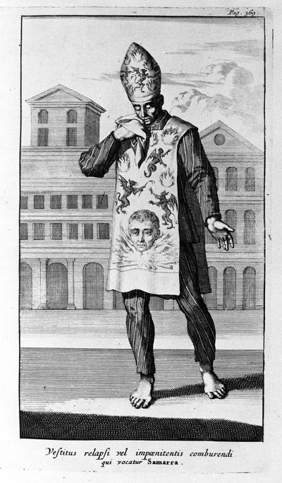 محاكم التفتيش. ثوب سامراء الذي لبسه التائبون. نقش من تاريخ محاكم التفتيش ، أمستردام 1692. بواسطة فنان غير معروف