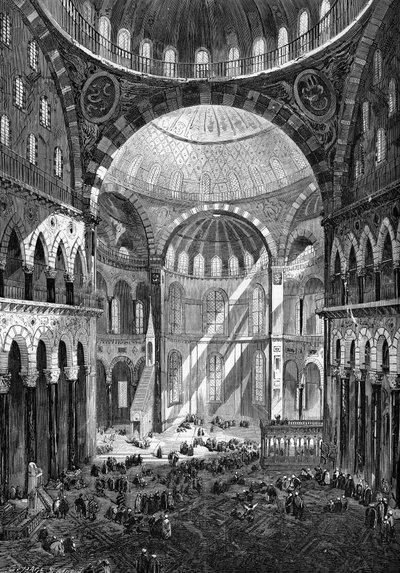 منظر داخلي لمسجد القديسة صوفيا (آيا صوفيا) (الفن البيزنطي من القرن السادس) في القسطنطينية عام 1858. بواسطة فنان غير معروف