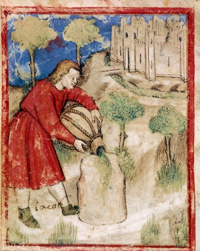 Jacob poured oil on the stone that had served him as a Miniature cushion from codex 212 (or padovano codice or Bible of Padua) 1390-1400 Rovigo, Accademia dei Concordi بواسطة فنان غير معروف