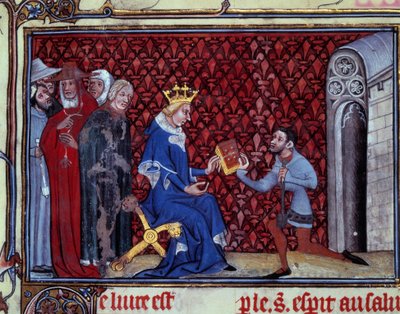 يقدم جاك باوشانت كتابه إلى الملك تشارلز الخامس (1338-1380) المنمنمة المأخوذة من "" طرق الله ورؤى القديسة إليزابيث فون شوناو (1128-1164) "" لجاك باوشانت من سانت كوينتين (؟ -1396) ، باريس ، BN بواسطة فنان غير معروف
