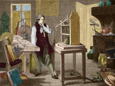جيمس وات يدرس إتقان آلة Newcomen (1767) (المحرك البخاري) - في "" Album of Science ؛ علماء لامعون الاكتشافات العظيمة "" "1896. بواسطة فنان غير معروف