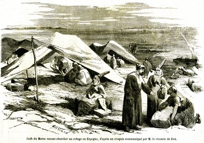 اليهود القادمون من المغرب بحثًا عن ملجأ في الجزيرة الخضراء في إسبانيا في منتصف القرن التاسع عشر (نقش) بواسطة فنان غير معروف