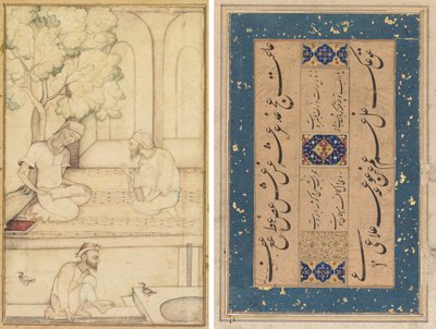 كبير واثنين من المتابعين على شرفة (وجه الصفحة) ؛ الخط (ظهر) بواسطة فنان غير معروف