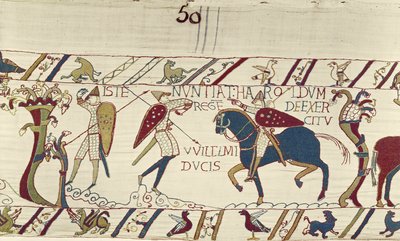 يقدم له رسول الملك هارولد أخبارًا عن جيش الدوق ويليام ، Bayeux Tapestry (تطريز من الصوف على الكتان) بواسطة فنان غير معروف