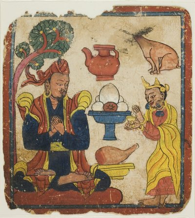 الملك منقور الذي تغذيه الملكة ديفيكا، من مجموعة بطاقات التلقين (تساكالي) بواسطة فنان غير معروف